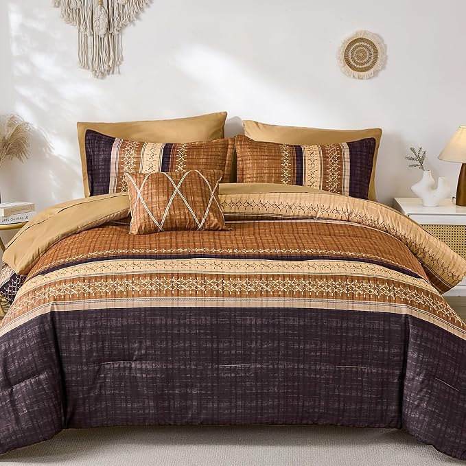 Dintszyayue Boho King Comforter Size Set, 8 Pieces Striped Texture Gold Purple Bed in a Bag Sets, Lightweight Soft Bohemian Comforter and Sheet Set, All Season Microfiber Bedding Sets for Men Women