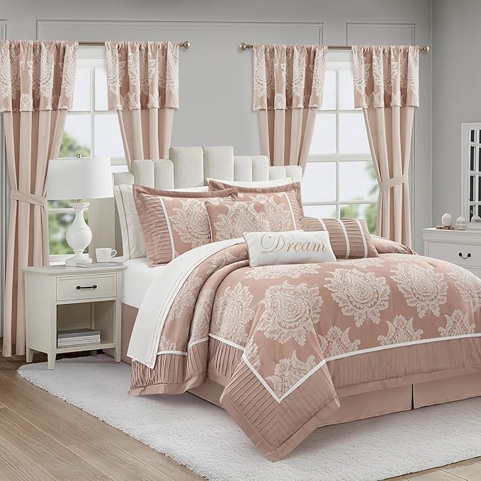 Blush King Size Comforter Set, 15 Pieces, Damask Jacquard Woven, Bedding Set with Sheets, Room in a Bag, Comforter, Bed Skirt, Pillow Shams and Decor Pillows, Curtains