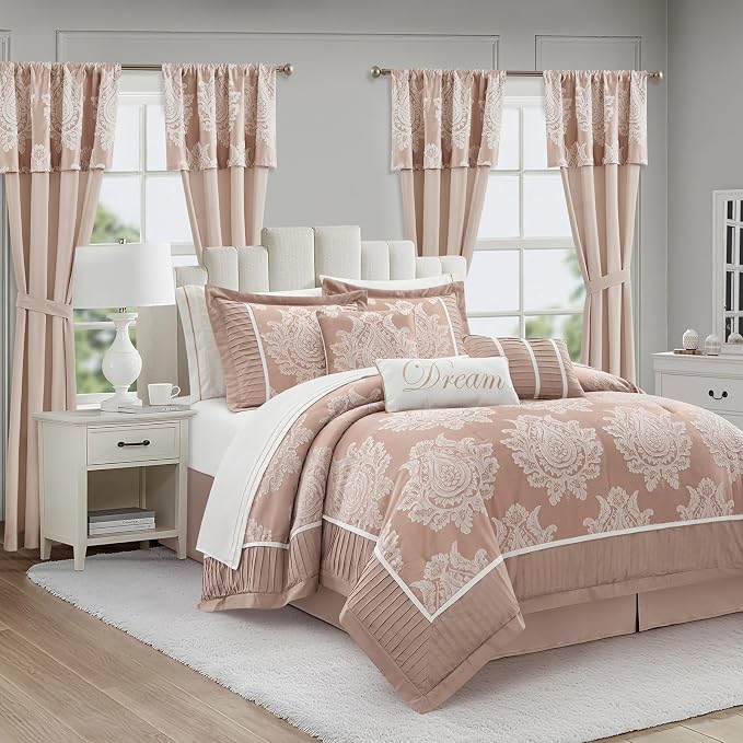 Blush California King Comforter Set, 15 Pieces, Damask Jacquard Woven, Bedding Set with Sheets, Room in a Bag, Comforter, Bed Skirt, Pillow Shams and Decor Pillows, Curtains