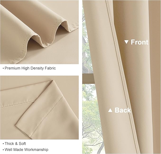 PONY DANCE Short Black Out Curtains 48 inch Long for Small Window, Rod Pocket Privacy Bathroom Draperies, Lighting Blocking Drapes for Basement(2 Panels Set, Biscotti Beige, W42 x L48 inches)