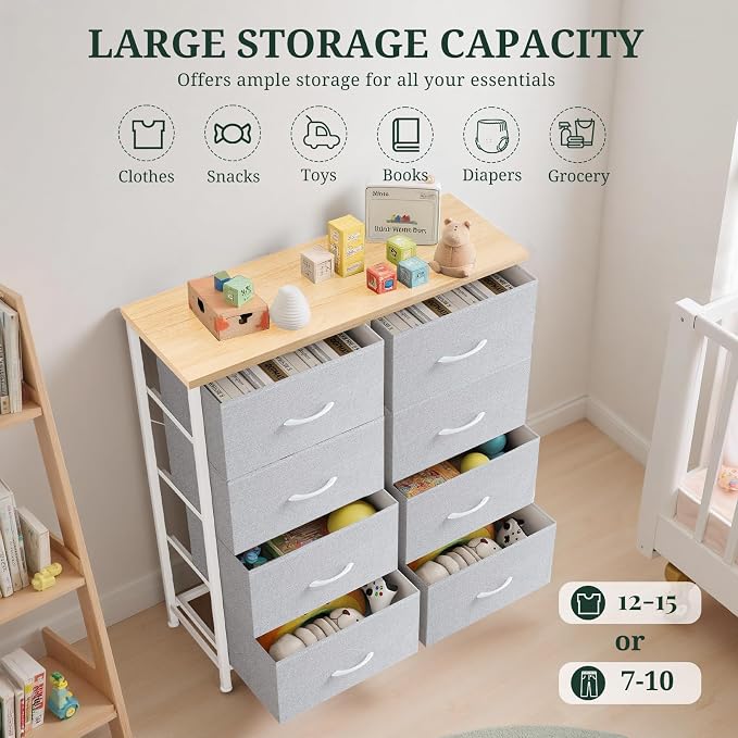 8-Drawer Dresser for Bedroom, Anti-Tip Tall Storage Organizer | Chest of Drawers with Wooden Top and Metal Frame Fabric Bins for Closet, Living Room, Hallway, Entryway, Light Gray