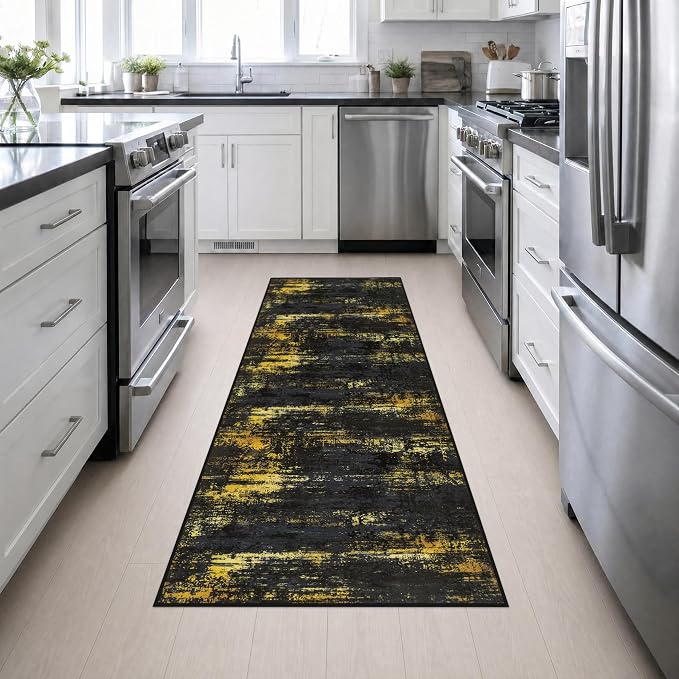 2.6x8 Washable Runner Rug：Modern Abstract Soft Carpet Black Gold | For Hallway, Bedroom, Kitchen, Laundry, Bathroom,Door Mat,Modern Abstract,Machine washable,Non-Slip,Stain Resistant,Indoor