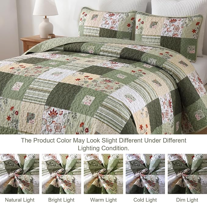 Anibedding Patchwork Quilt Set Queen Size, Green Floral Plaid Bedspread | 3 Pcs Country Floral Coverlet Set, Soft Lighweight Farmhouse Quilt Bedding Set 3 Pieces for All Season, 96''x90''