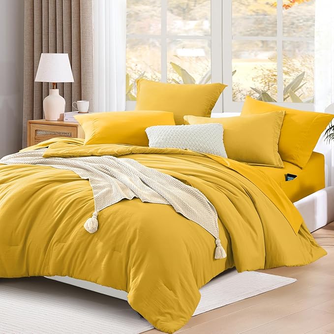 Queen Comforter Set-7 Pieces Soft Prewashed Bed in a Bag Queen Bedding Sets | All Season Comforter with Sheets, Pillow Shams & Pillowcases,Yellow