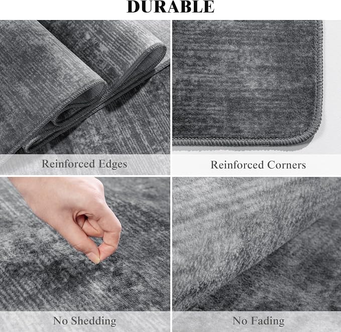 LIANLAM 10x12 Washable Rug, Gray Solid Area Rugs for Living Room & Bedroom | Stain-resistant & Non-slip backing,Low Pile Washable Large Carpet, Solid Vintage Style For High Traffic Areas(10x12,Gray)