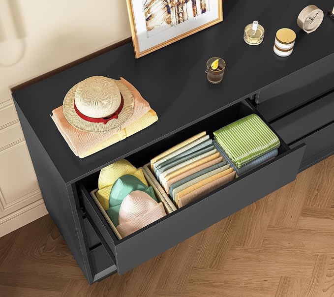 TEENFON 55" Dresser for Bedroom with 6 Drawers, Black Dresser with Metal Slide, Bedroom Dressers, Wood Dressers & Chests of Drawers for Bedroom, Hallway, Black