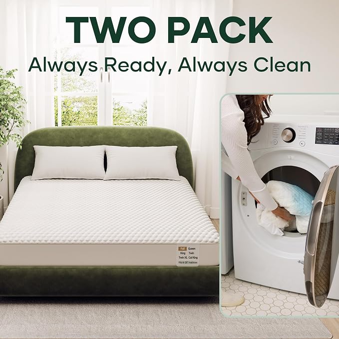 OhGeni 100% Waterproof Mattress Protector, Fitted Sheet,Full-2 Pack with Stretchable Pockets, Deep Sleep Noiseless Soft. Cooling Fitted Sheets,Washable Bed Cover Over 99 Count Hex Bumps