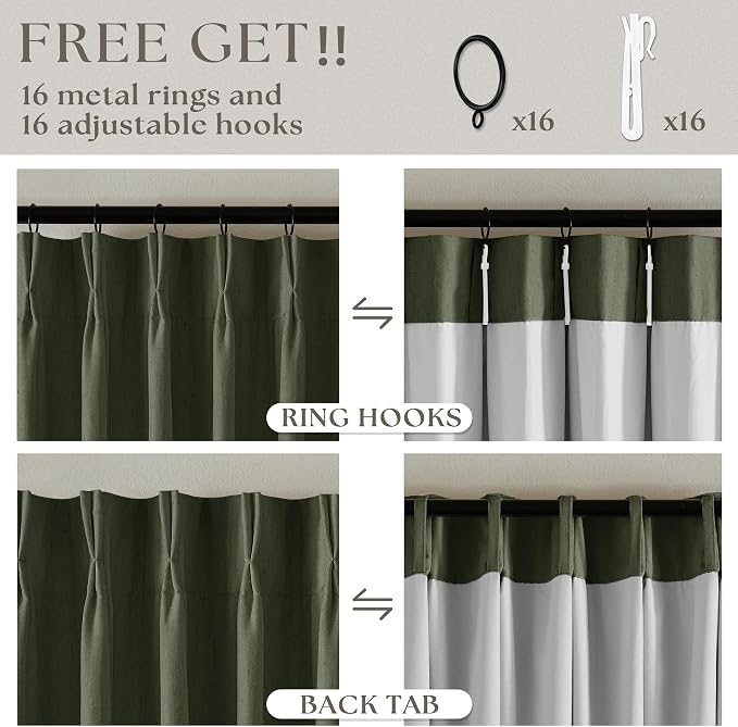Olive Green Pleated Black Out Linen 45 Inch Curtains with Liner 2 Panels | 100% Blackout, Memory Trained Pinch Pleat, Thermal Insulated, Noise Reduce, Short Curtains 2 Layers for Kitchen Small Window