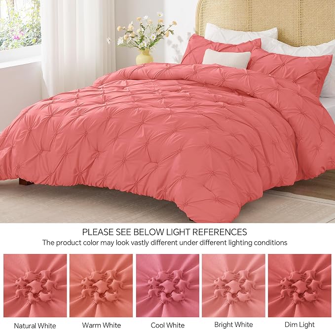 BEDELITE Queen Comforter Set Coral,Lightweight & Soft Comforter | Pintuck Boho Bedding, Warm & Cute Bed Set for All Season,With 2 Pillowcases