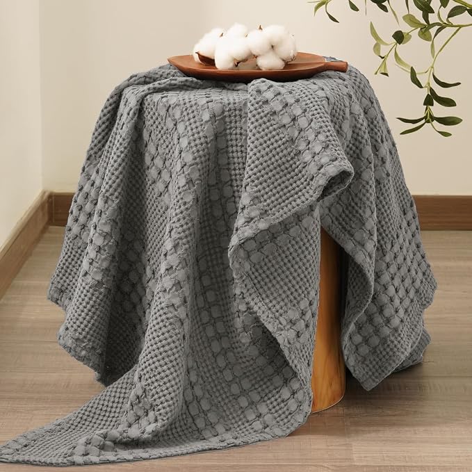 PHF Lightweight 100% Cotton Waffle Throw Blanket for Couch, Dark Grey | Pre-Washed Soft Cotton Comfort, Breathable Layering Warmth for Fall & Winter, Office, Travel, Sofa, Home Decor & Gifts