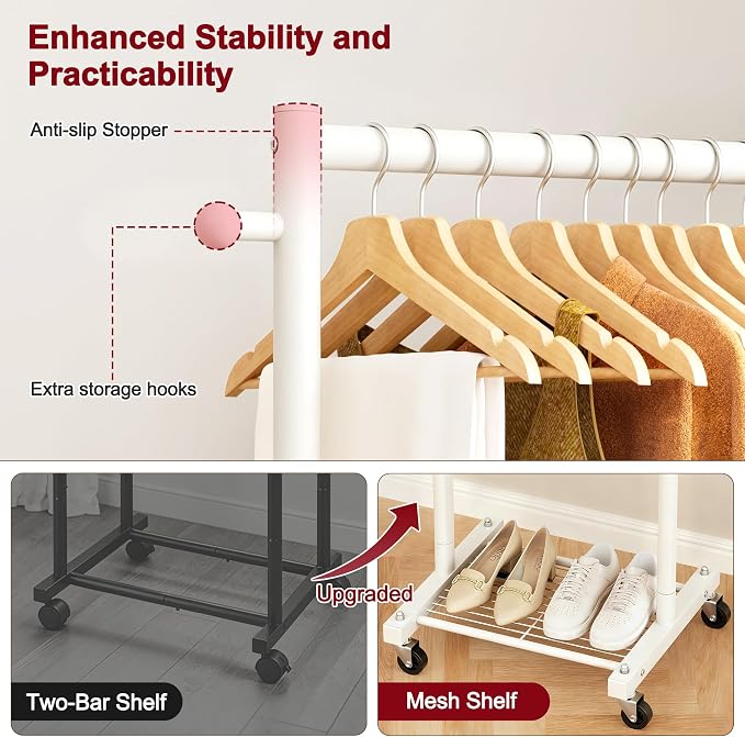 SLEEPING LAMB Small Clothes Racks for Hanging Clothes, Rolling Clothing Rack with Shelves, 60" Metal Garment Rack with Wheels Portable Wardrobe Rack for Small Space, White