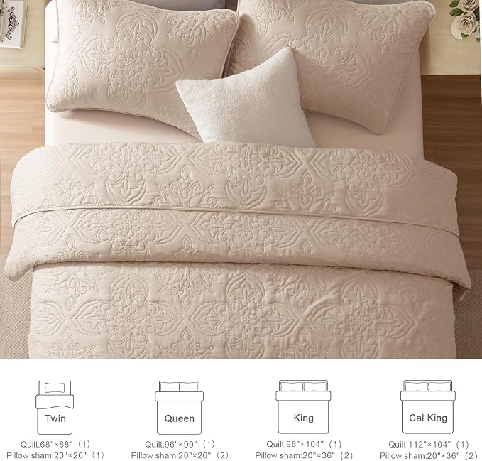 Whale Flotilla Queen Quilt Bedding Set Vintage Damask Reversible Bedspread | Suitable for Bed, 3 Pieces Brich Beige Lightweight Breathable Quilts Queen Size, Ultrasonic Coverlet with 2 Pillow Shams