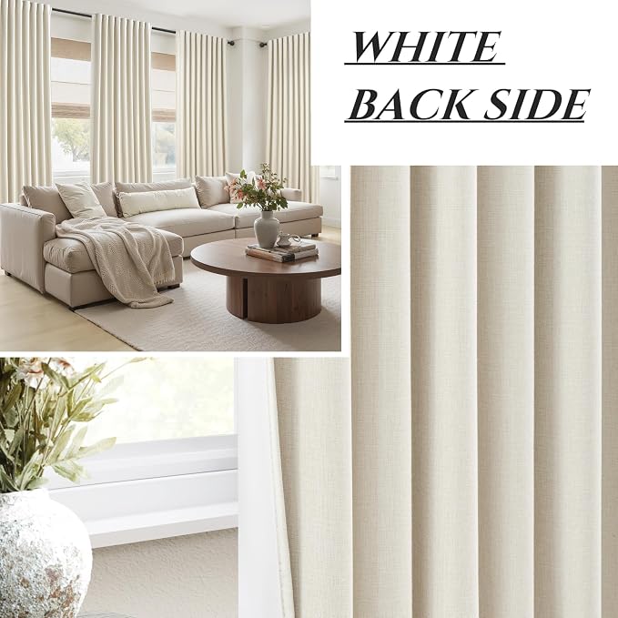 Cute Blackout Curtains 60 Inches Extra Wide Linen 108 Inch Length for Living Room/Sliding Glass Door,Pleated Heavy Duty Thermal Drapes for Winter Thick Large Window(60"Wx108"L 2 Panels Warm Cream)