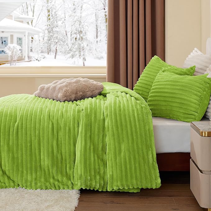 BEDELITE Fleece King Comforter Set, Fluffy Bed Set, Dark Citron | Super Soft & Warm Bedding, Luxury Fuzzy Faux Fur Comforter for Winter, Heavy Plush Bedding, with 2 Pillowcases