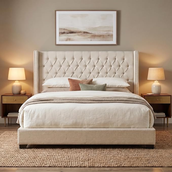 Madison Park Amelia Upholstered Headboard | Nail Head Trim Wingback Button Tufted | King, Cream
