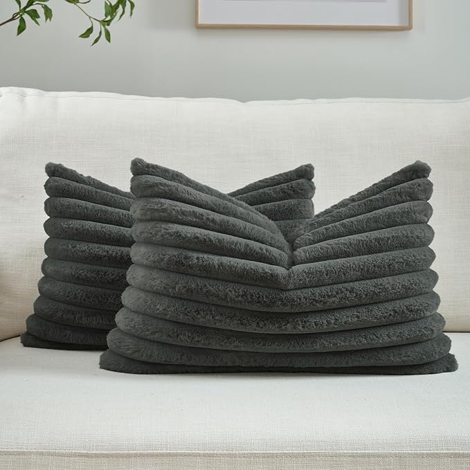 FUTEI Pack of 2 Faux Fur Throw Pillow Covers 12x20 Inch, Dark Grey | Fluffy Faux Rabbit Fur Front/Premium Velvet Back,Hidden Zipper,Machine Washable,Non-Shedding,Colorfast,Insert Not Included.