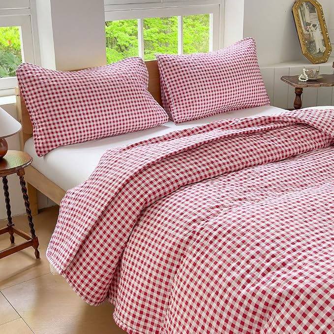 NSNLGSGC Red Gingham Twin Summer Bedspread Quilt Set | Pre-washed Microfiber,Lightweight Checked Grid Bedding Coverlets for All Seasons
