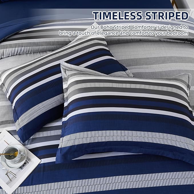 Dobuyly Navy Blue Queen Comforter Set 7 Pieces, Boho Striped Bed in a Bag Queen Size Soft Microfiber All Season Bedding Set with Comforter, Sheets, Pillowcases & Shams