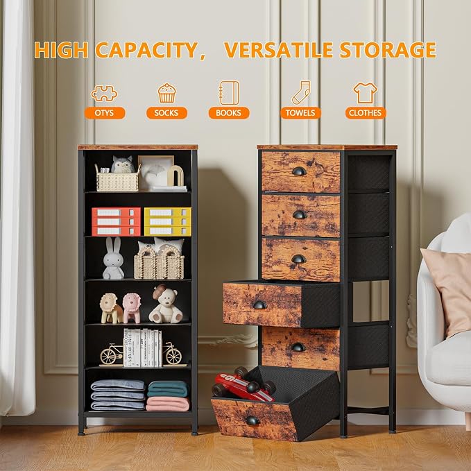 Furnulem Dresser for Bedroom, 6 Bins Tall Fabric Storage Drawers | Rustic Brown Chest of Drawers , Metal Frame, Wood Top,Tall Nightstand for Dorm,Closet, Bedside Furniture in Living Room