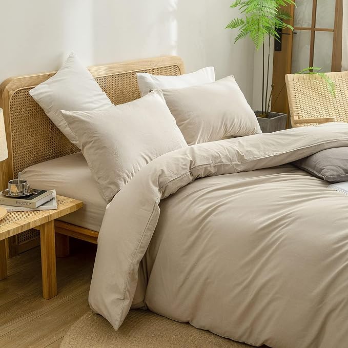 BESTOUCH Cotton Solid Duvet Cover Set Almond Milk Grey Oversized Full | 100% Washed Cotton, Soft Wrinkle Texture, Hidden Zipper, 8 Ties, Breathable Lightweight Durable Comfy, 3 Pcs No Insert