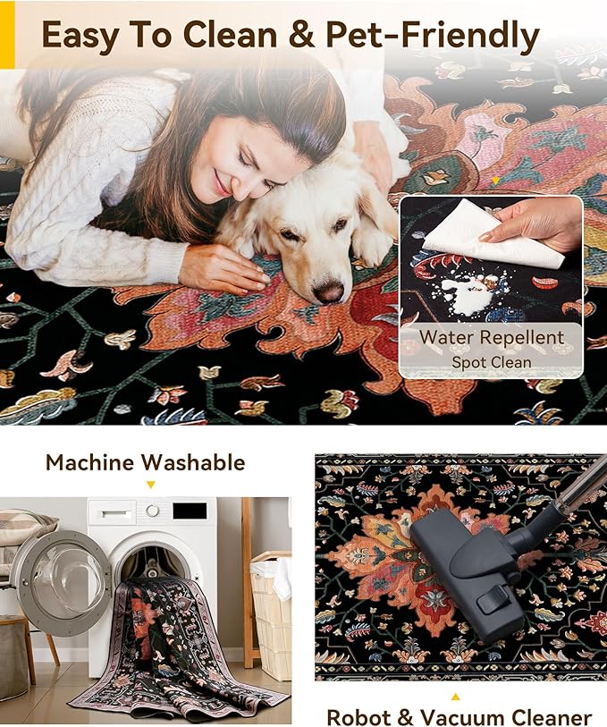 RELEANY Washable Area Rug, 3'x4', Black/Colorful | Non-Slip, Water Repellent, Pet Friendly, Easy to Clean, Vintage Floral Boho Decor for Living Room Bedroom Beside Kitchen