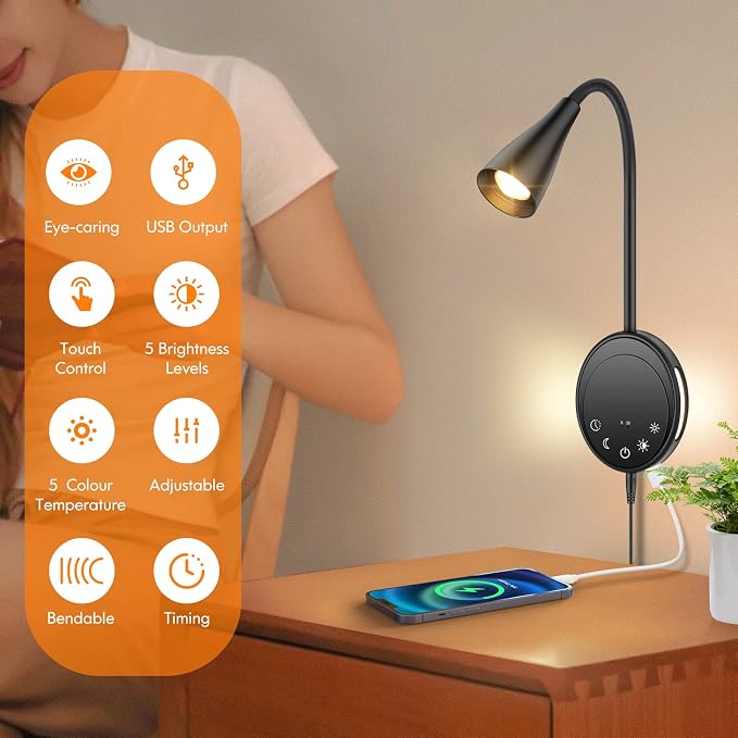 SANKEDOU LED Wall Mount Reading Light, Bedside Reading Lights, 5 Dimmable | Touch Control, USB Output, Night Light & Timers, Flexible Gooseneck Headboard Bed Lights Wall Sconce