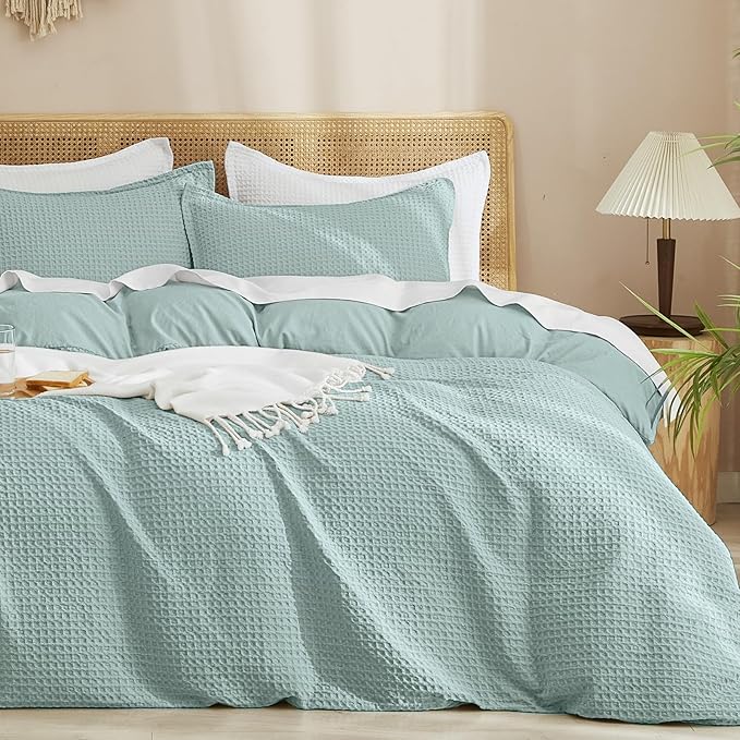 PHF Waffle Duvet Cover Queen, Ultra Soft & Breathable, 90"x90", Aqua | 300GSM Fabrie，No Snagging Textured Honeycomb Comforter Cover for All Season 3pcs, Durable Bedding Duvet Set, Home Decor Gift