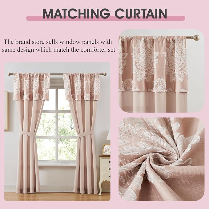 Blush King Size Comforter Set 7 Pieces, Jacquard Woven with Damask, Bedding Set in a Bag Includes Comforter, Bed Skirt, Pillow Shams, and Decorative Pillows