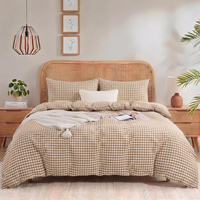NEXHOME PRO Tan Gingham Duvet Cover Twin, 100% Washed Cotton Like Linen Feel Organic Natural Bedding Set 3 Piece Brown Vintage Plaid Checkered Comforter Cover Set (No Comforter) 6890