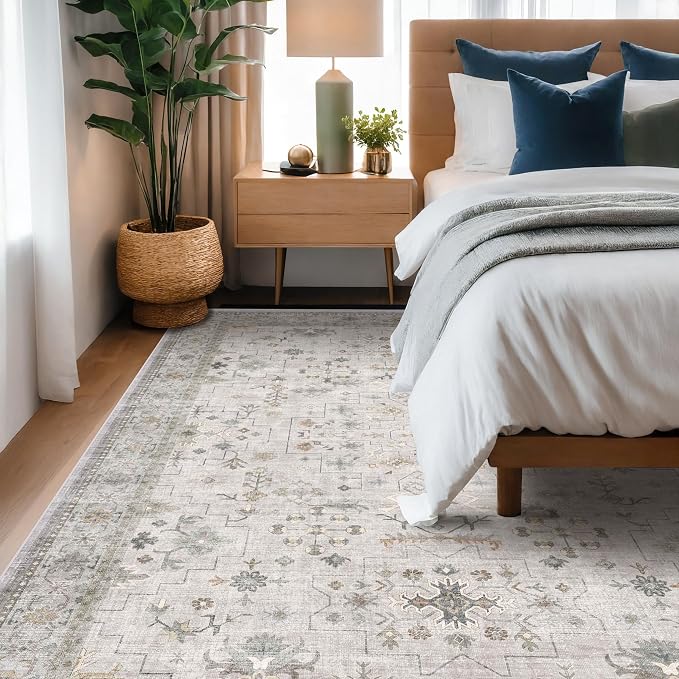 Washable 5x8 Living Room Rug - Light Gray & Sage Area Rug for Nursery, Dining Under Table, Bedroom, Modern Vintage Eclectic Geometric Floral Neutral, Low Pile Stain Resistant