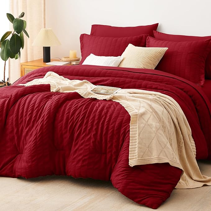 Oversized King Seersucker Comforter Set, Dark Red, 120 x 98 in | OEKO-TEX Certified, 7 Pieces Bed in a Bag with 240 GSM Down Alternative Comforter, Flat & Fitted Sheets, Pillowcases & Shams