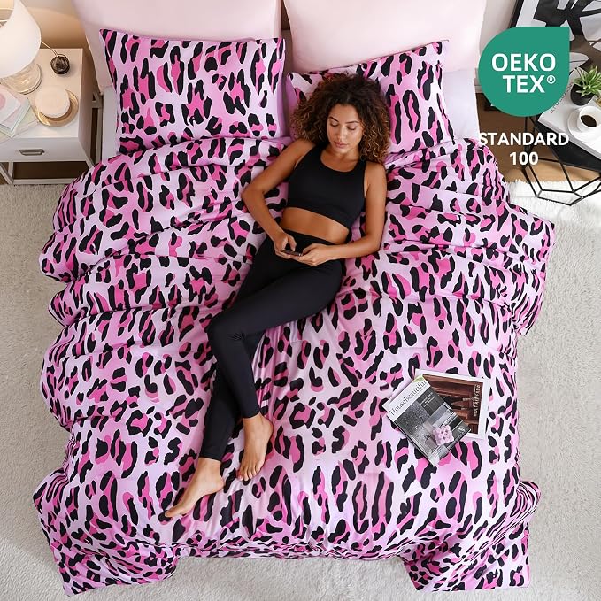 Cheetah Print Comforter Set Queen Size, Luxury Leopard Print Bedding, Pink | Soft Microfiber Animal Bedding Set with 2 Breathable Pillowcases, Faux Fur Texture, for an All-Season Comforter