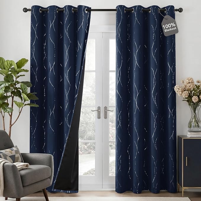 Deconovo 100% Blackout Living Room Curtains 95 Inches Long, Black Backing | Silver Line Foil Pattern Drapes, Thermal Insulated, Room Darkening, Grommet, 2 Panels Set, Navy Blue, 52 x 95 Inch