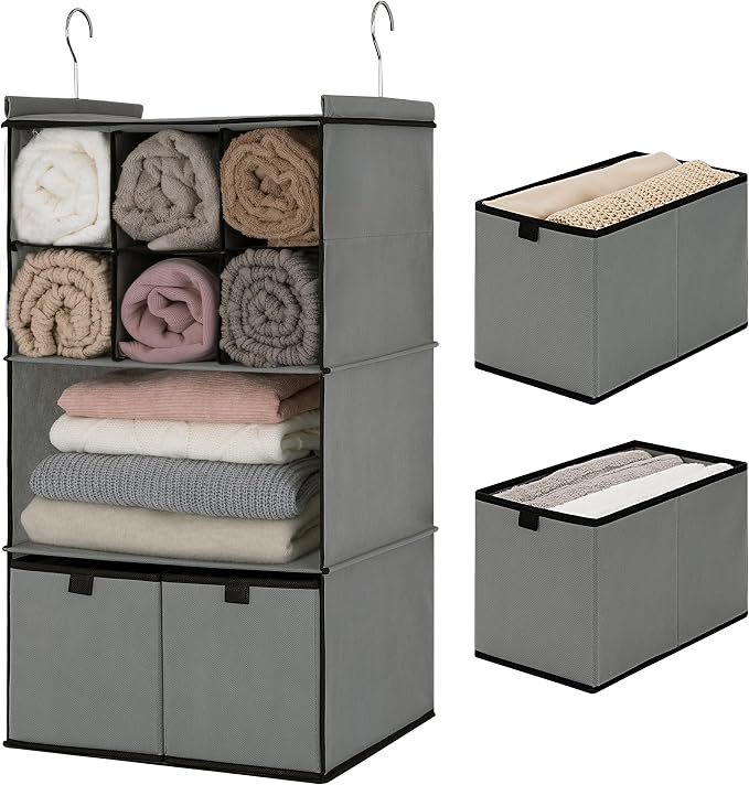 GRANNY SAYS 4-Shelf Hanging Closet Organizer with Drawer, Foldable Storage | Dividers Closet Hanging Organizer, No-Sag Support, Keeps Clothes Neat, Folds Flat, Fits RV, Dorm & Small Closets, Grey