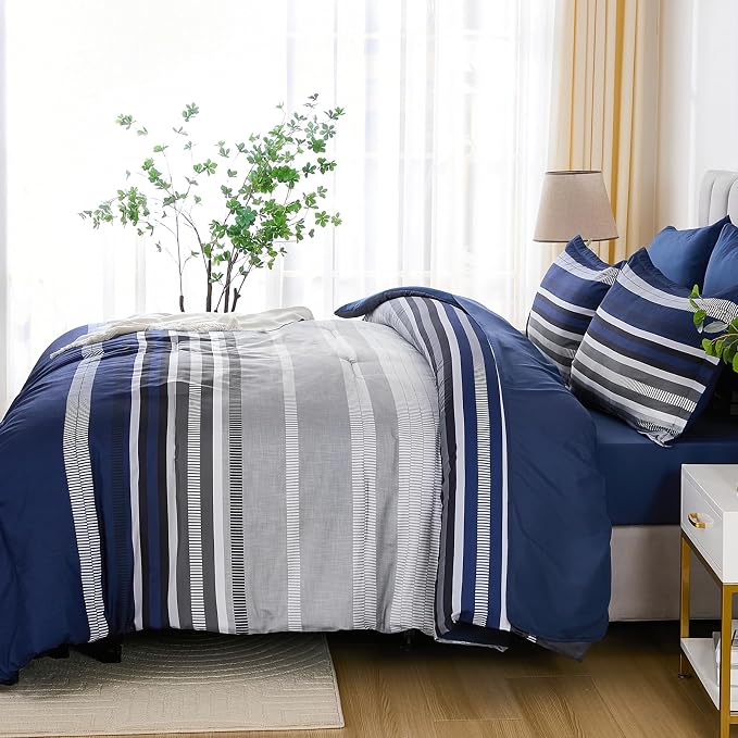 Dobuyly Navy Blue Comforter Set Twin Size Bed in a Bag 5 Piece, Classic Striped Bed Bedding Set with Sheets Soft Microfiber All Season for Teen Boys