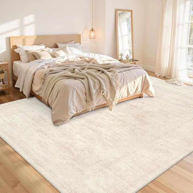 Area Rugs 9x12 Living Room: Bedroom Washable Carpet Retro Beige | Large Vintage Boho Indoor Decor Neutral Soft Nursery Farmhouse Dining Room Office Floor Non-Slip Low Pile Under Table Rug