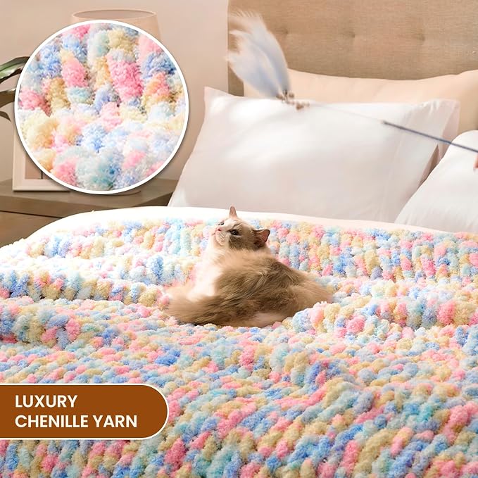 L'AGRATY Chunky Knit Throw Blanket for Couch, 50 x 60 Inches, Rainbow | Handmade Chenille Crochet Blanket for Sofa Bed, Thick Cable Knitted Blankets for Room Home Decor, Birthday Gift for Women Mom