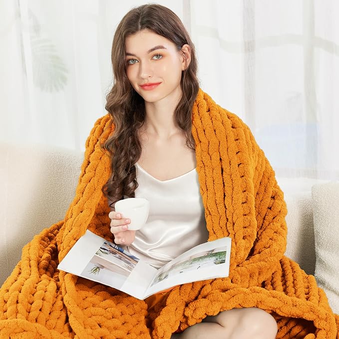 Chunky Knit Blanket Throw for Couch, 51"x63" Chunky Yarn Knitted Blankets | 100% Hand Knit Thick Chenille, Soft Breathable for Bed, Sofa, Home Decor, Cozy Gifts for Women Friends, Orange