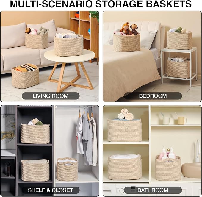 ICERZCZ Decorative Storage Baskets for Organizing Shelves, Toy Basket for Nursery, Woven Cotton Rope Baskets for Decor, Towel Basket for Bathroom, 15"x11"x9.5", 3 Packs, Brown
