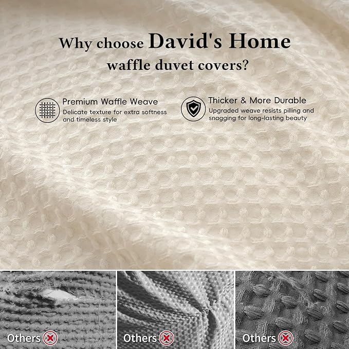 David's Home Textured Waffle Weave Duvet Cover Set, Queen, Cannoli Cream | Breathable Cozy for All Season, 300GSM, 3PCS Home Bedding Decor, OEKO-TEX Certified, Hidden Zipper, 8 Corner Ties, 90" X 90"