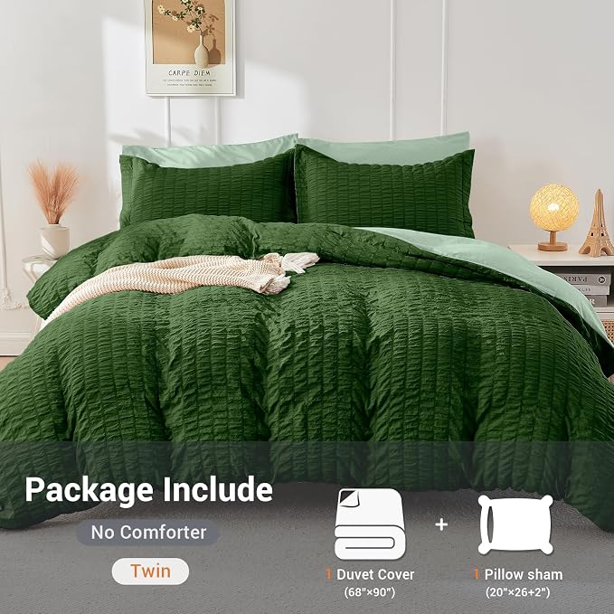 HYMOKEGE Dark Green/Sage Green Twin Size Duvet Cover, Ultra Soft 2-Piece Seersucker Duvet Cover Set with Zipper Closure, Soft Brushed Microfiber Bedding Set with 8 Corner Ties (68"x90", 1 Pillowshams)
