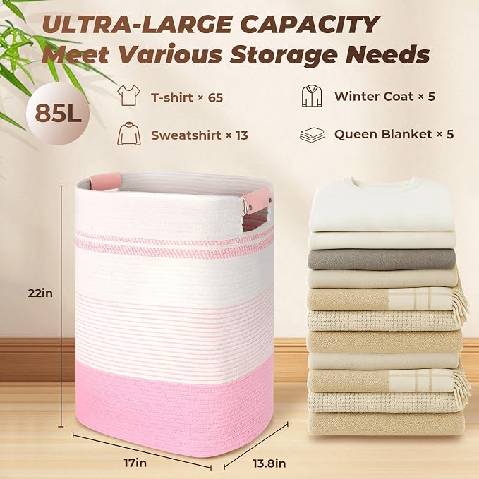 AINUOQI Laundry Basket with Handles - Blanket Basket & Hampers for Bedroom Aesthetic, Laundry Hamper & Blanket Storage for Living Room, Clothes Hamper, Tall, Large 17" x 14" x 22”, Pink & White
