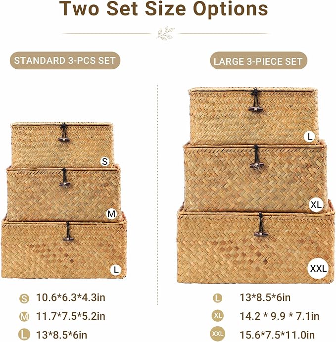 Nonam Large Wicker Basket with Lid,Seagrass Shelf Basket Set of 3,Nautral | Storage Basket Container for Organizing, Boho Decorative Basket, Rectangular Household Storage Boxes for Home Organization