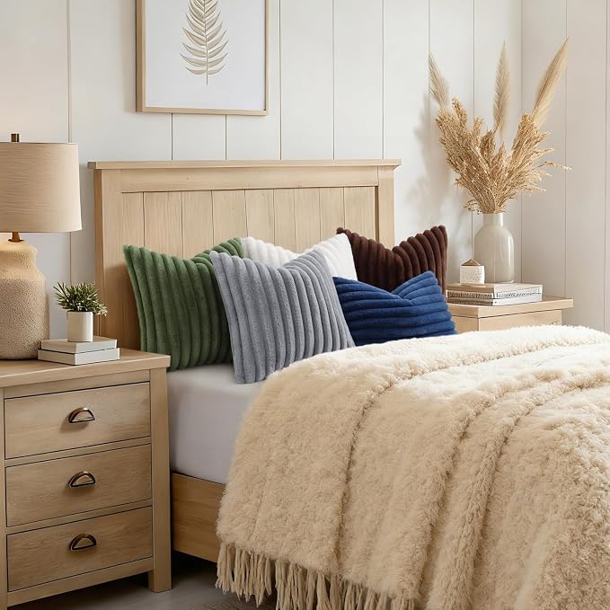 decorUhome Fall Faux Fur Throw Pillow Covers 22x22 Set of 2 Dark Brown | Decorative Soft Cozy Striped Plush Modern Farmhouse Boho Couch Pillow Cases Velvet Back for Sofa Bed Living Room Home Decor