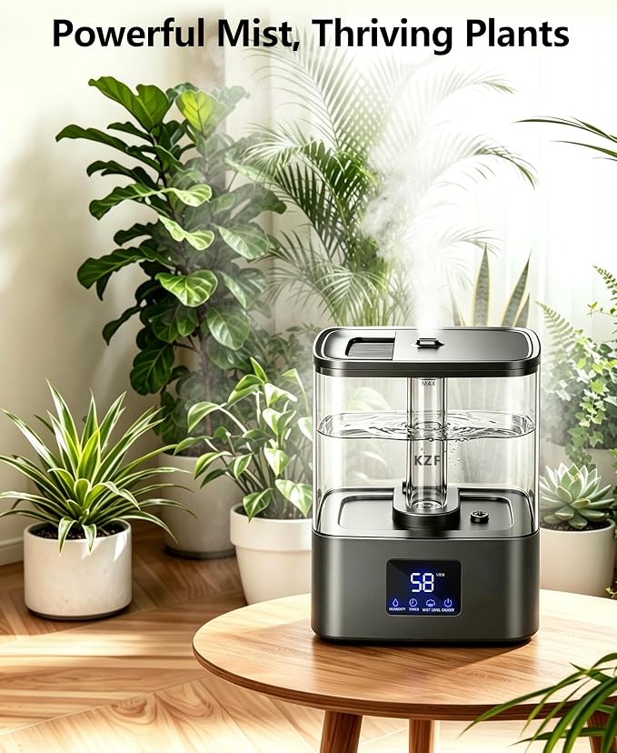KZF 4L Top Fill Humidifiers for Bedroom & 40H Runtime - Cool Mist Humidifier, 3 Mist Levels, 8H Timer, Essential Oil Tray, Humidity Display, Quiet for Baby, Plants, Large Room (Black, 4L)