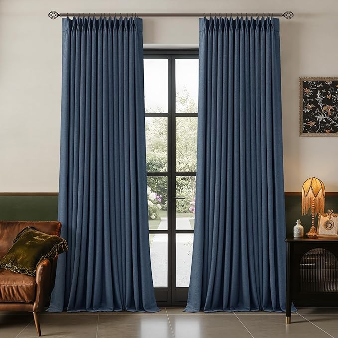 105 Inch Pinch Pleated Blackout Memory Trained Linen Curtains with Liner | Navy Blue Pleat Curtain, 100% Black Out Soundproof Room Darkening, Double Layer, for Bedroom Living Room, with Hooks Rings