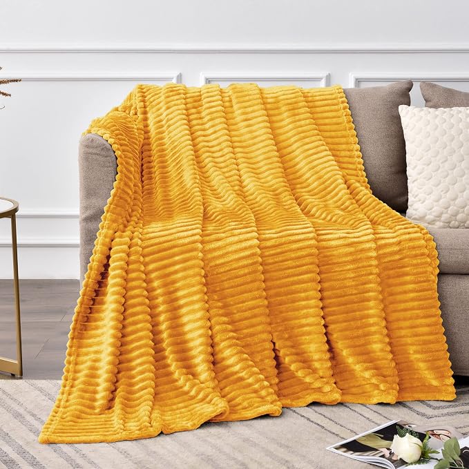BEDELITE 3D Ribbed Mustard Yellow Fleece Twin Blanket for Couch, 60x80 Inch | Soft Warm Fluffy Blanket for Bed Sofa College Dorm Room Decor, Luxury Cozy Plush Birthday Gifts for Women Girls, Lightweight