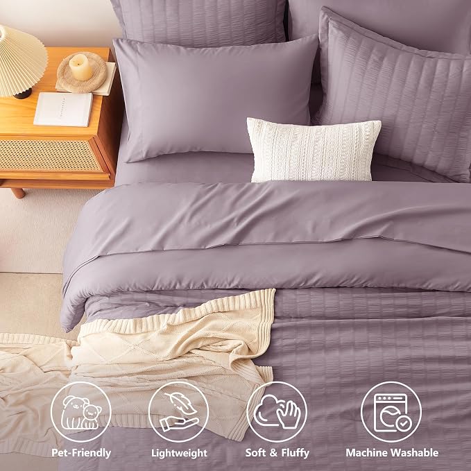 Oversized King Seersucker Comforter Set, Dusty Purple, 120 x 98 in | OEKO-TEX Certified, 7 Pieces Bed in a Bag with 240 GSM Down Alternative Comforter, Flat & Fitted Sheets, Pillowcases & Shams