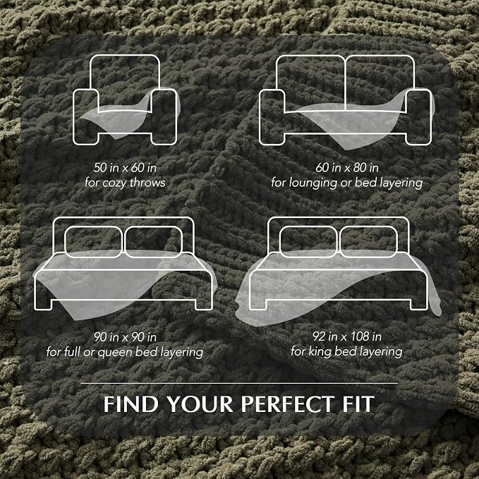 EVERGRACEHOME Chunky Chenille Knit Throw Blanket, 108x92, Olive Green | Sculpted Moss Stitch, Chic Modern Farmhouse, All-Season Warmth, OEKO-TEX® Certified, Oversized King for Couch, Bed, Sofa