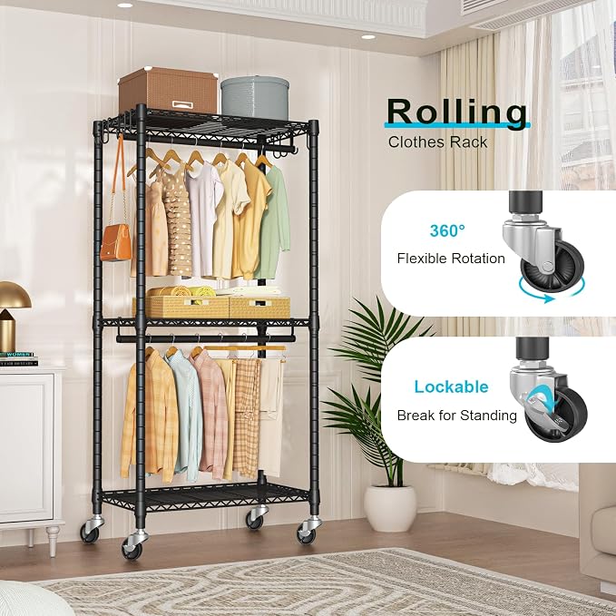 FUTASSI Rolling Clothes Rack, Clothing Racks for Hanging Clothes, Black | P3 Mini Heavy Duty Garment Rack with Wheels, Freestanding Portable Closet Racks 23.6'' W x 14'' D x 78.5'' H, Max Load 430Lbs